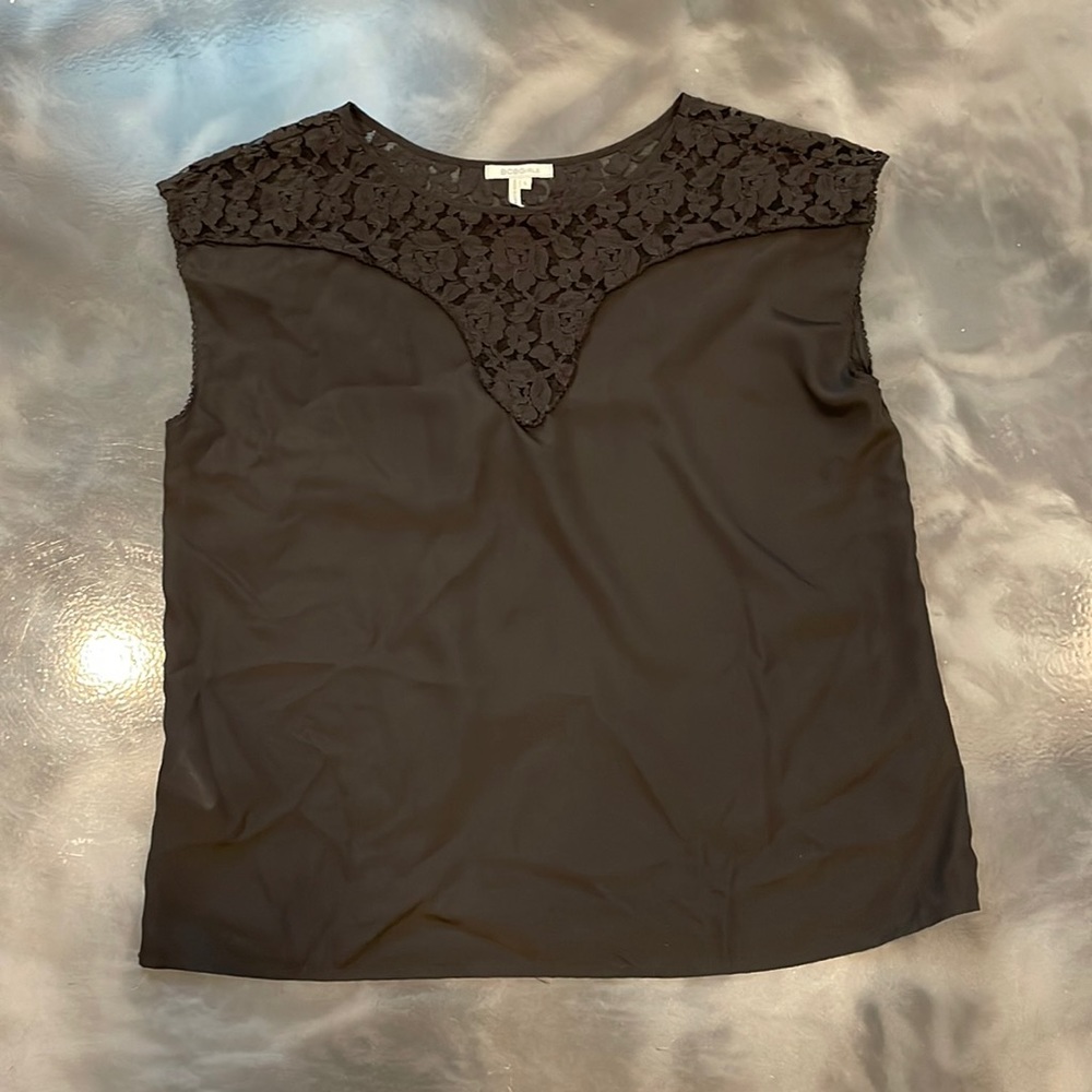 BCBG short sleeve black blouse with lace detailing size large